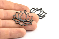 Lotus Flower Pendant, 2 Oxidized Brass Black Hammered Lotus Flower Textured Pendants With 1 Loop, Earrings, Charms(35x31x1.5mm) BS 1919 S348