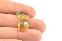 Glass Oval Bead, 2 Glass Yellow And Green Color Cabochon Oval Bead For Rings (18x13x8mm) GG03