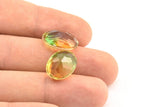 Glass Oval Bead, 2 Glass Yellow And Green Color Cabochon Oval Bead For Rings (18x13x8mm) GG03