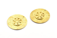 Brass Flower Pendant, 2 Raw Brass Flower Textured Round  Pendants With 1 Loop (29mm) BS 1892