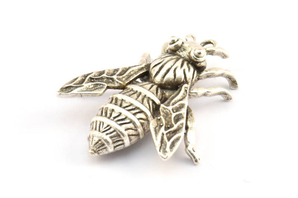 Huge Bee Pendant, 1 Antique Silver Plated Brass Bug Aryan Insect Charm Pendant (41x34mm) N0350 H0401
