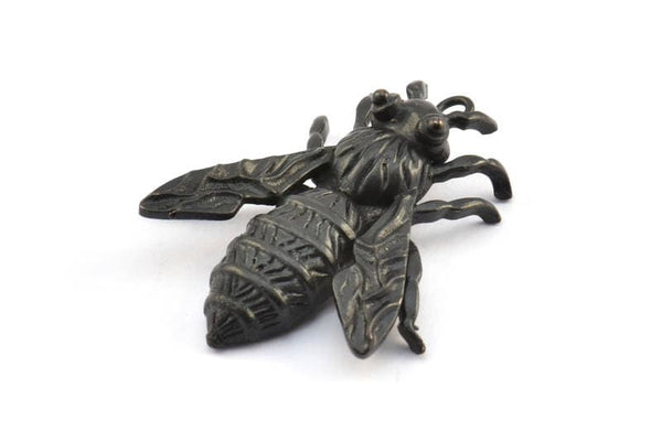 Huge Bee Pendant, 1 Oxidized Brass Black Bee Charm Pendant (41x34mm) N0350 S307