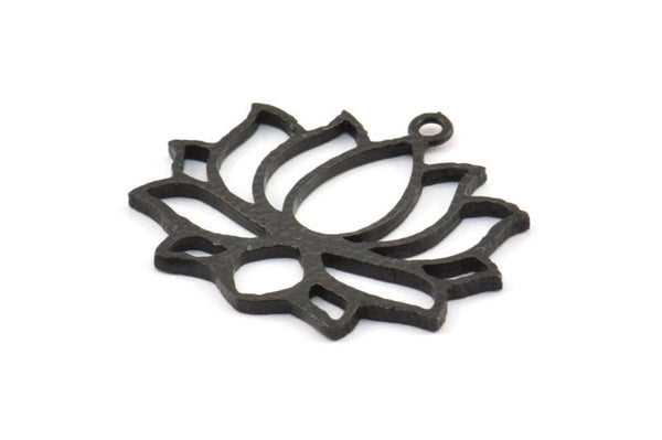 Lotus Flower Pendant, 2 Oxidized Brass Black Hammered Lotus Flower Textured Pendants With 1 Loop, Earrings, Charms(35x31x1.5mm) BS 1919 S348
