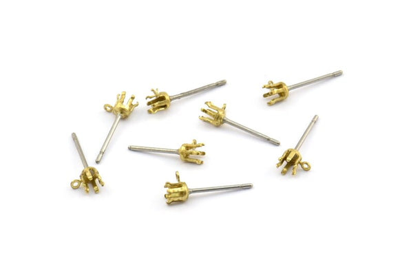 Earring Post Stud, 50 Stainless Steel Earring Posts With Raw Brass 2.5mm Pad And 1 Loop, Ear Studs E137