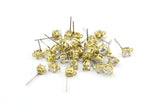 Earring Post Stud, 4 Stainless Steel Earring Stud With Raw Brass Pad And 5mm Zirconia Bead And 1 Loop, Ear Studs E097