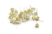Earring Post Stud, 4 Stainless Steel Earring Stud With Raw Brass Pad And 7mm Zirconia Bead And 1 Loop, Ear Studs E098