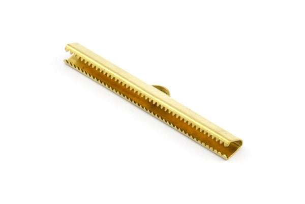 50mm Ribbon Crimp, 6 Raw Brass Ribbon Crimp Ends With Loop, Findings (50mm) D0341