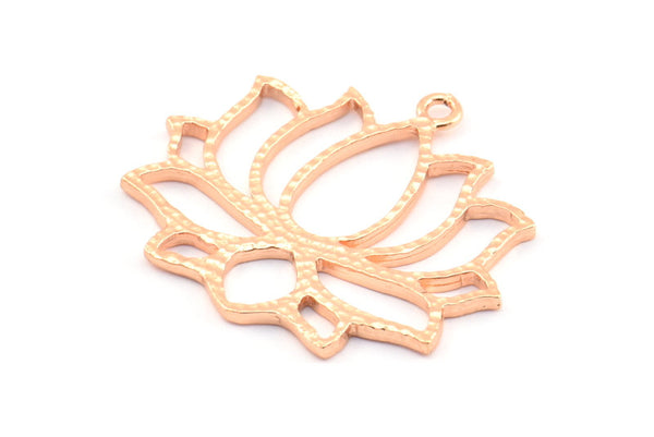 Lotus Flower Pendant, 2 Rose Gold Lacquer Plated Brass Hammered Lotus Flower Textured Pendants With 1 Loop, Charms(35x31x1.5mm) BS 1919