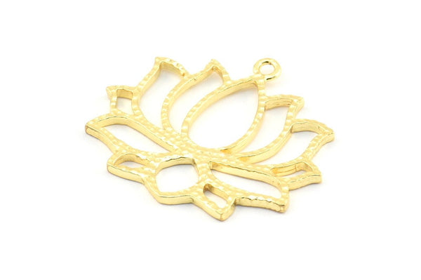 Lotus Flower Pendant, 2 Gold Lacquer Plated Brass Hammered Lotus Flower Textured Pendants With 1 Loop, Charms(35x31x1.5mm) BS 1919