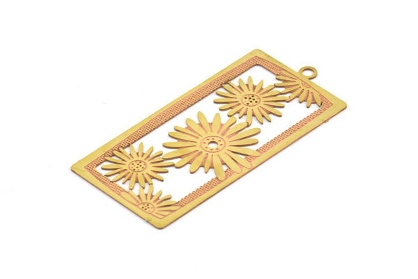 Brass Flower Charm, 4 Raw Brass Rectangle Flower Charms With 1 Loop, Pendant, Earrings, Findings (49x22.5mm) E029