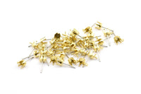 Earring Post Stud, 50 Stainless Steel Earring Posts With Raw Brass 5mm Pad And 1 Loop, Ear Studs E136