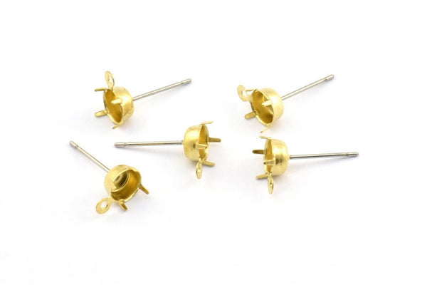 Earring Post Stud, 50 Stainless Steel Earring Posts With Raw Brass 6.5mm Pad And 1 Loop, Ear Studs E148