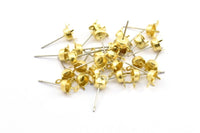Earring Post Stud, 50 Stainless Steel Earring Posts With Raw Brass 6.5mm Pad And 1 Loop, Ear Studs E148