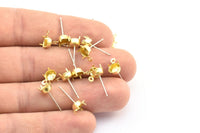 Earring Post Stud, 50 Stainless Steel Earring Posts With Raw Brass 6.5mm Pad And 1 Loop, Ear Studs E148