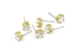 Earring Post Stud, 4 Stainless Steel Earring Stud With Raw Brass Pad And 7mm Zirconia Bead And 1 Loop, Ear Studs E098