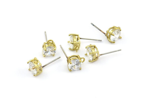 Earring Post Stud, 4 Stainless Steel Earring Stud With Raw Brass Pad And 7mm Zirconia Bead And 1 Loop, Ear Studs E098