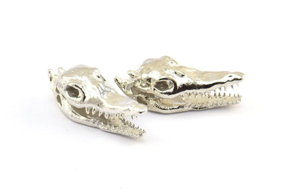 Silver Crocodile Skull, 1 Silver Tone Crocodile Skull With 1 Loop, Findings, Charms (27x9mm) BS 1878