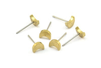 Crescent Moon Stud, 12 Stainless Steel Earring Posts With Raw Brass Crescent Moon Stud, Ear Studs (7x14.5mm) E339