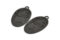 Black Cat Charm, 1 Oxidized Brass Black Cat And Bird Textured Oval Charms With 1 Loop, Blanks (42x24x1.2mm) E218 S777