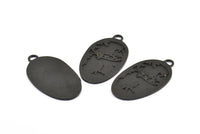 Black Cat Charm, 1 Oxidized Brass Black Cat And Bird Textured Oval Charms With 1 Loop, Blanks (42x24x1.2mm) E218 S777