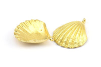 Brass Shell Charm, 2 Raw Brass Sea Shell Charm with 1 Loop, Pendants, Charms, Findings (33x26.5mm) E288