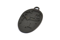 Black Cat Charm, 1 Oxidized Brass Black Cat And Bird Textured Oval Charms With 1 Loop, Blanks (42x24x1.2mm) E218 S777