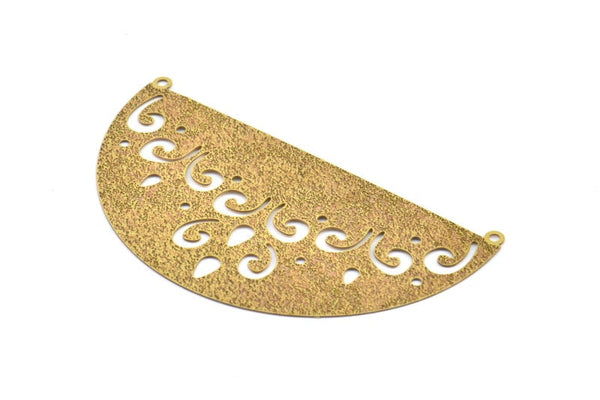 Brass Earring Charm ,4 Raw Brass Ethnic Textured Half Moon Earring Charms With 2 Loops Pendants, Findings (64x34mm) E504