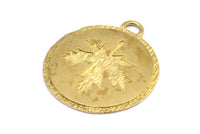 Brass Leaf Charm, 2 Raw Brass Leaf Textured Round Tag Charms With 1 Loop, Blanks (33.5x29.5x1.2mm) E231