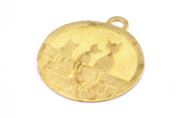 Brass Cat Charm, 2 Raw Brass Cat Textured Round Tag Charms With 1 Loop, Blanks (33x29x1.1mm) E227