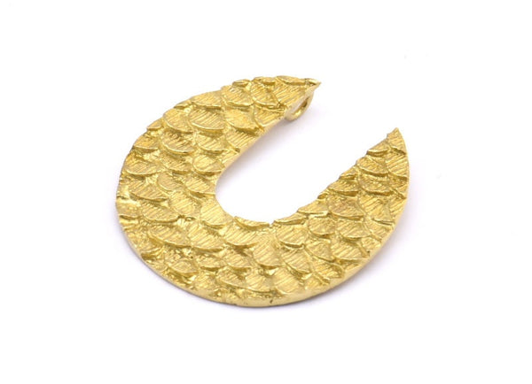 Brass Geometric Pendant, 2 Raw Brass Geometric Fish Scale Textured Pendants With 2 Loops, Charms, Earrings, Findings (32mm) E190