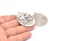 Wolf And Tree Charm, 1 Antique Silver Plated Brass Wolf And Tree Textured Oval Charms With 1 Loop, Blanks (44x33x1.2mm) E224