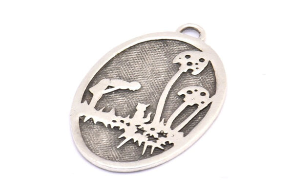Cat And Kid Charm, 1 Antique Silver Plated Brass Cat And Kid Textured Oval Charms With 1 Loop, Blanks (43x27.5x1.3mm) E221