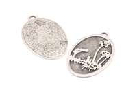 Cat And Kid Charm, 1 Antique Silver Plated Brass Cat And Kid Textured Oval Charms With 1 Loop, Blanks (43x27.5x1.3mm) E221