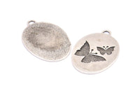 Brass Butterfly Charm, 1 Antique Silver Plated Brass Butterfly Textured Oval Charm With 1 Loop, Blanks (39x27x1.2mm) E223