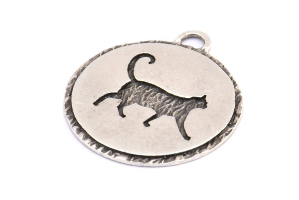 Silver Cat Charm, 2 Antique Silver Plated Brass Cat Textured Round Tags Charms With 1 Loop, Blanks (33.5x29.5x1.5mm) E232
