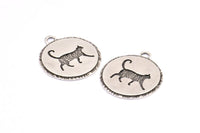 Silver Cat Charm, 2 Antique Silver Plated Brass Cat Textured Round Tags Charms With 1 Loop, Blanks (33.5x29.5x1.5mm) E232