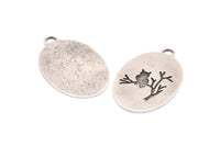 Silver Owl Charm, 1 Antique Silver Plated Brass Owl Textured Oval Charms With 1 Loop, Blanks (39x25x1.2mm) E217