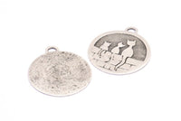 Silver Brass Cat Charm, 2 Antique Silver Plated Brass Cat Textured Round Tag Charms With 1 Loop, Blanks (33x29x1.1mm) E227
