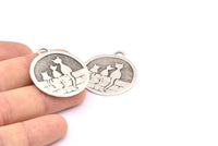 Silver Brass Cat Charm, 2 Antique Silver Plated Brass Cat Textured Round Tag Charms With 1 Loop, Blanks (33x29x1.1mm) E227