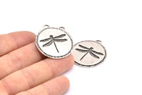 Silver Dragonfly Charm, 2 Antique Silver Plated Brass Dragonfly Textured Round Tag Charms With 1 Loop, Blanks (33.5x29.5x1.2mm) E230