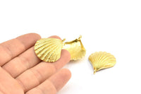 Brass Shell Charm, 2 Raw Brass Sea Shell Charm with 1 Loop, Pendants, Charms, Findings (33x26.5mm) E288
