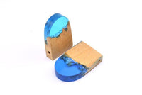 Resin&Wood D Shape Pendant, 1 Blue Brown D Shape Pendant with 2 Holes, Earrings (37x22.5x6.5mm) X086