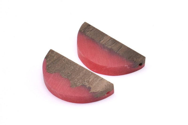 Resin&Wood Semicircle Pendant, 5 Red Black Half Moon Pendant with 2 Holes (32x15mm) D0521