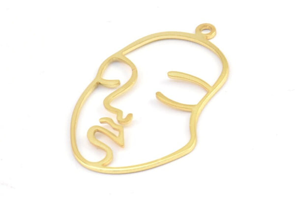 Gold Face Charm, 2 Gold Plated Brass Face Shape Charms With 1 Loop, Pendant, Earrings, Findings (46x28x1mm) E022 Q0539
