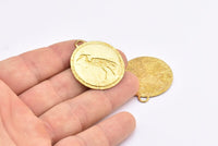Brass Stork Charm, 2 Raw Brass Stork Textured Round Tag Charms With 1 Loop, Blanks (33x29.5x1.3mm) E229