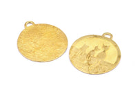 Brass Cat Charm, 2 Raw Brass Cat Textured Round Tag Charms With 1 Loop, Blanks (33x29x1.1mm) E227