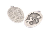 Kite And Kid Charm, 2 Antique Silver Plated Brass Kite And Kid Textured Oval Charms With 1 Loop, Blanks (41x25x1.3mm) E225