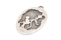 Kite And Kid Charm, 2 Antique Silver Plated Brass Kite And Kid Textured Oval Charms With 1 Loop, Blanks (41x25x1.3mm) E225