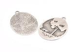 Wolf And Tree Charm, 1 Antique Silver Plated Brass Wolf And Tree Textured Oval Charms With 1 Loop, Blanks (44x33x1.2mm) E224