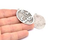 Cat And Kid Charm, 1 Antique Silver Plated Brass Cat And Kid Textured Oval Charms With 1 Loop, Blanks (43x27.5x1.3mm) E221